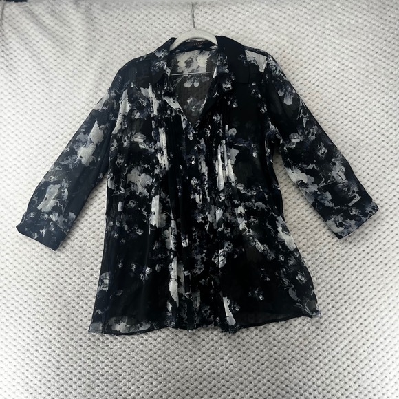 Fever Floral Tunic Top Sheer Blouse Button Down‎ Lightweight Flowy Pleated  M - Picture 1 of 9